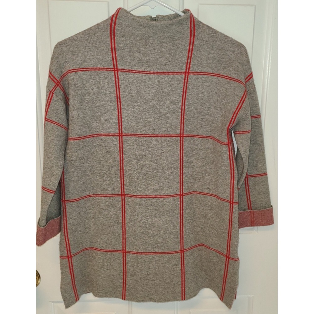 TAHARI Window Pain Plaid Boxy Cut Mock Neck Gray Red Sweater‎ Women XS